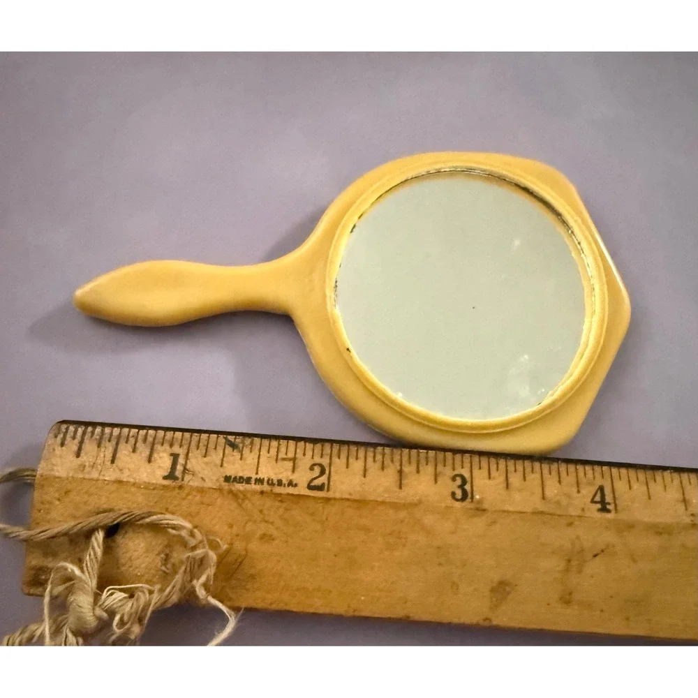 Vintage Mini Butterscotch Celluloid Hand Mirror Floral Rose Vanity Collectible
